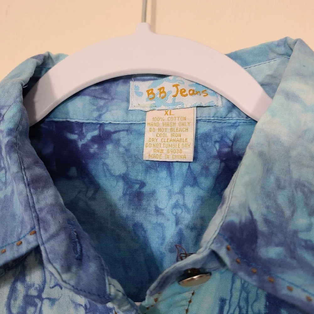 Y2K TyeDye Rhinestone Jacket Blue Silver Rhinestones Shirt With Pockets XL - Picture 6 of 11